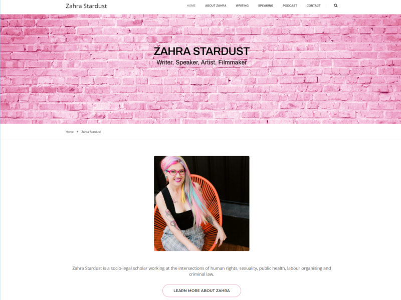 Screenshot of ZahraStardust,com homepage with large title image, a smaller image of Zahra below and a short intro about Zahra